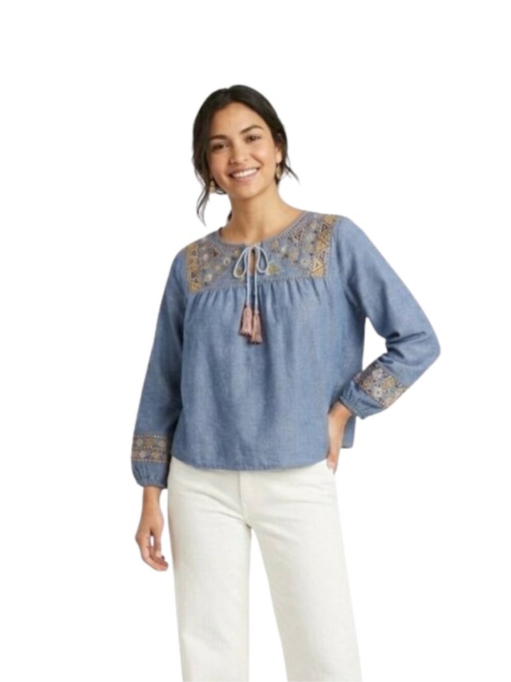 Rebellion Blue Chambray Embroidered Boho Peasant Blouse Top Size Small